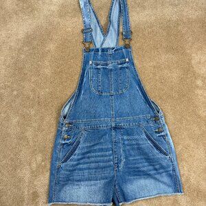 American Eagle Tomgirl Shorall Blue Denim Overalls Size Medium Distressed